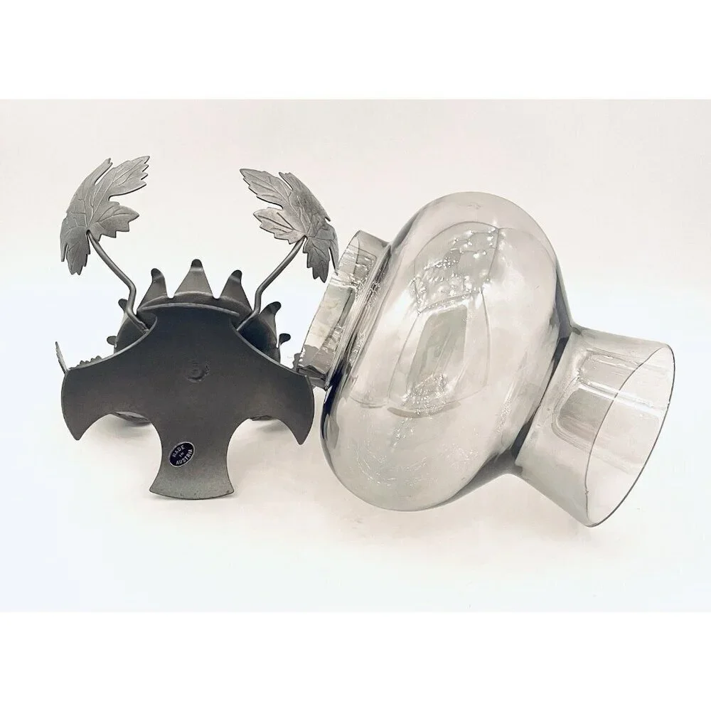 Pewter Maple Leaf Hurricane Pillar Candle Holder 7.25” Smoky Gray Lantern